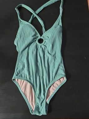 Kona Sol Ribbed One-Piece Swimsuit in Mint Green with Ring Detail